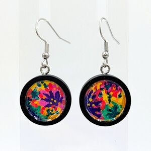 Hand Painted Earrings, Colorful Abstract Design Painted on Wood